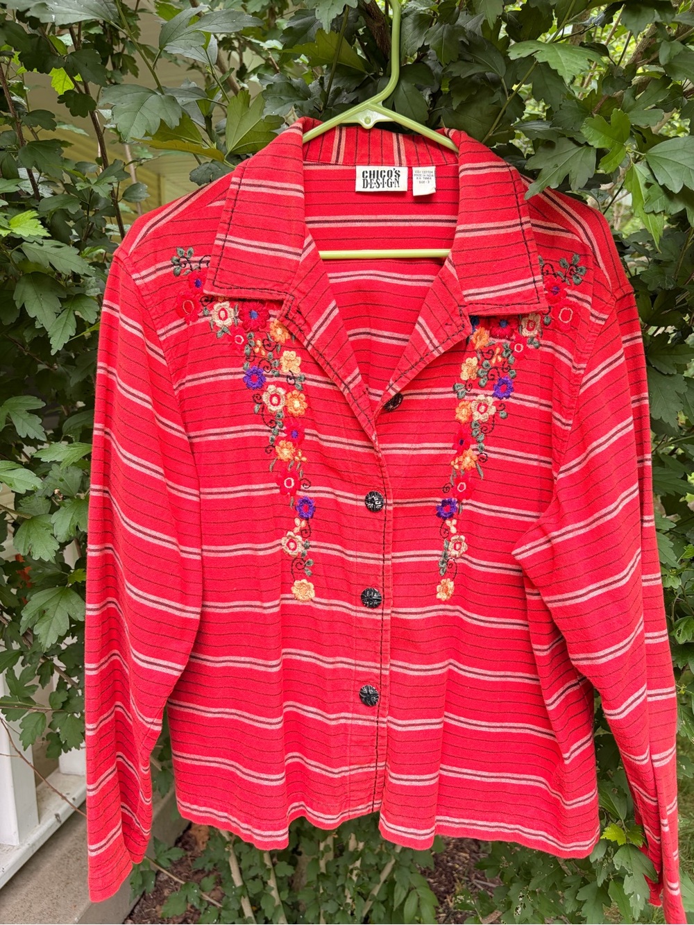 Chico's Red Striped Embroidered Button-Down Shirt